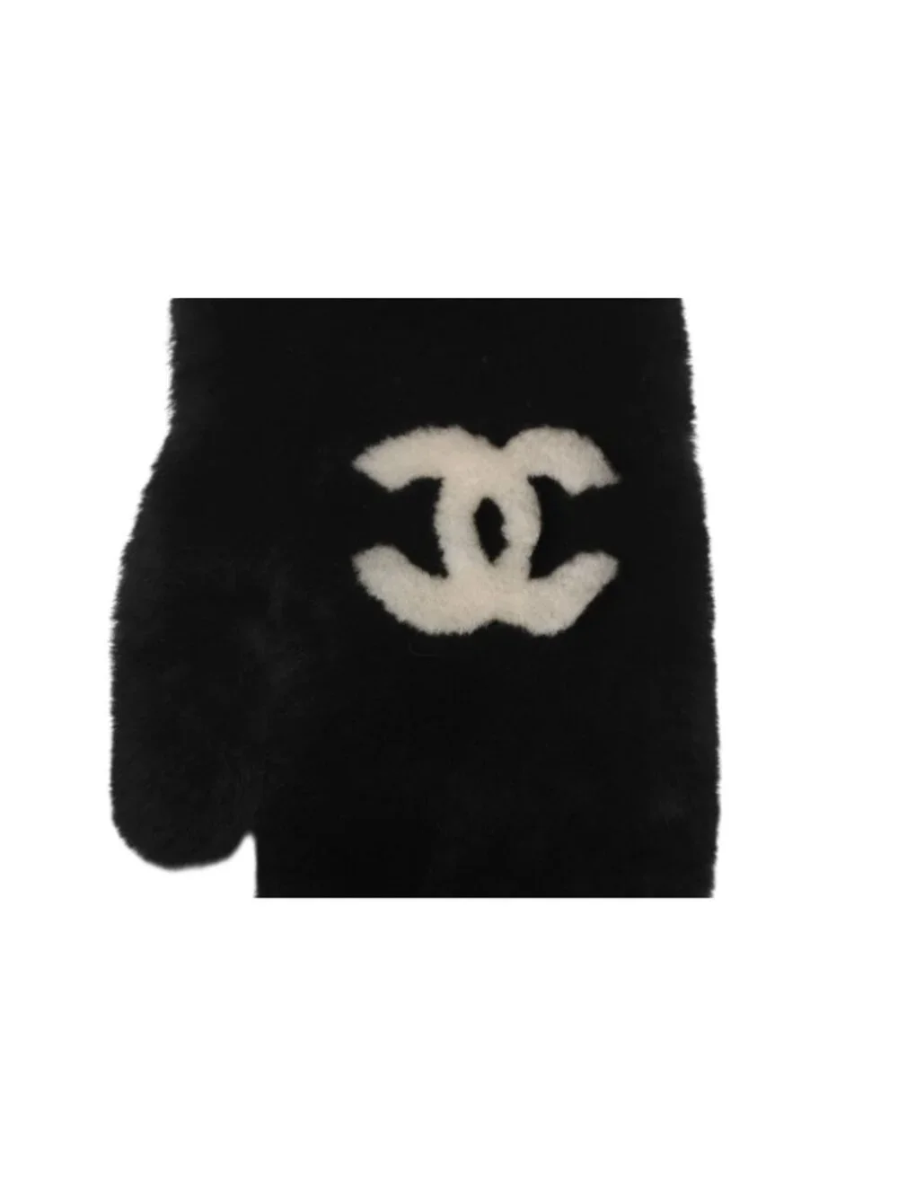Chanel CC Logo Rabbit Mittens Gloves Black White Fur Lambskin